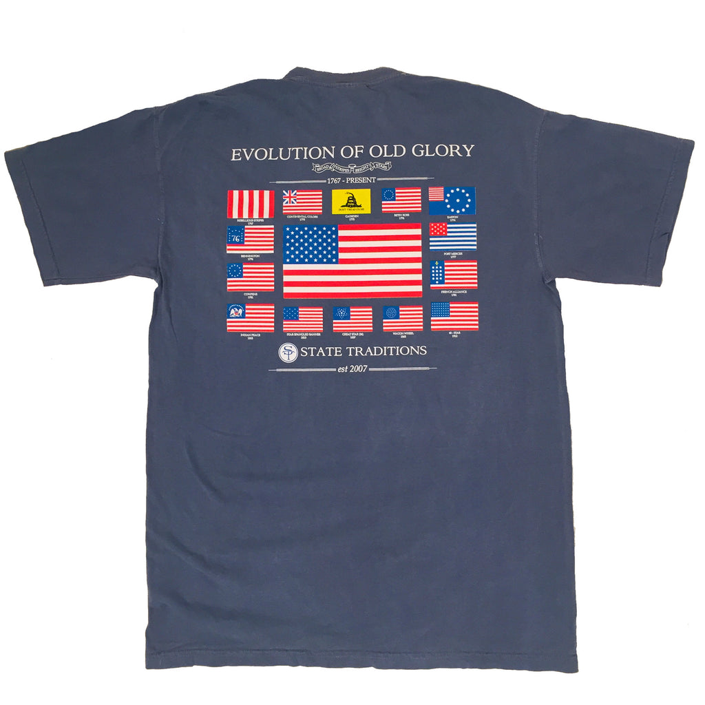 USA, America, Old Glory, Evolution of Old Glory, The Progression of Freedom, navy tee, blue jean t-shirt, Flags of America, Gasden Flag, Betsy Ross Flag, USA, Timeless Tradition, Land of the Free and the Brave, Preppy shirt