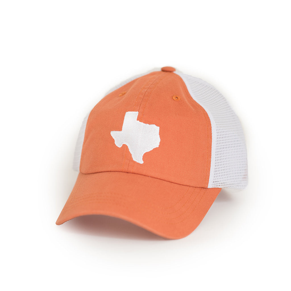 Orange and white trucker, Brushed Cotton Trucker hat, Quality Trucker, TX Hat, Texas Hats, Texas, Burnt Orange Trucker hat with White state of TX, Texas embroidery, Austin Texas, Trucker Cap, Texas Trucker Hat, Texas Cap. texas outline hat