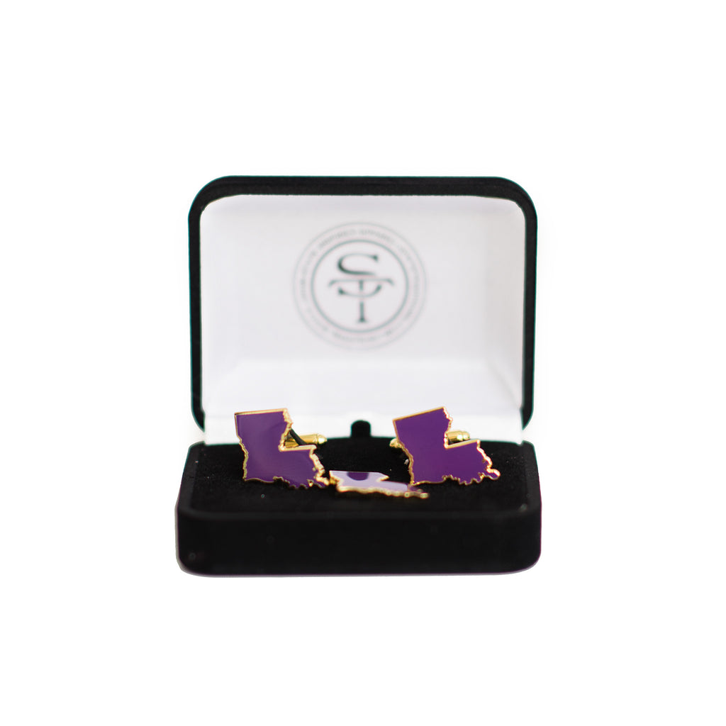 Louisiana Baton Rouge Gameday Purple Cuff Links and Lapel Pin Set