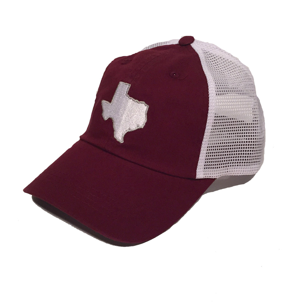 Texas headwear, TX Trucker Cap, TX Hat, Texas Hats, Texas, Maroon hat with White state of TX, Texas embroidery, College Station Texas, College Station Gameday Trucker Cap, Trucker Hat, Texas Cap