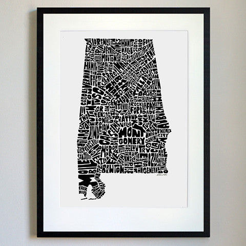 Alabama Typography Map Black/White Print