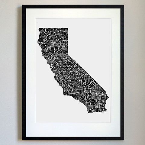 California Typography Map Black/White Print
