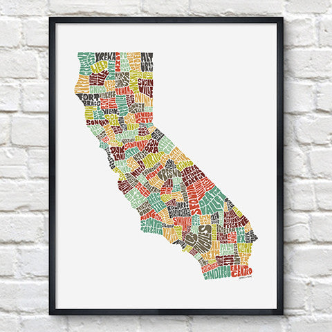 California Typography Map Color Print