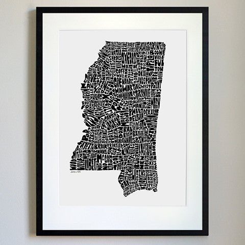 Mississippi Typography Map Black/White Print