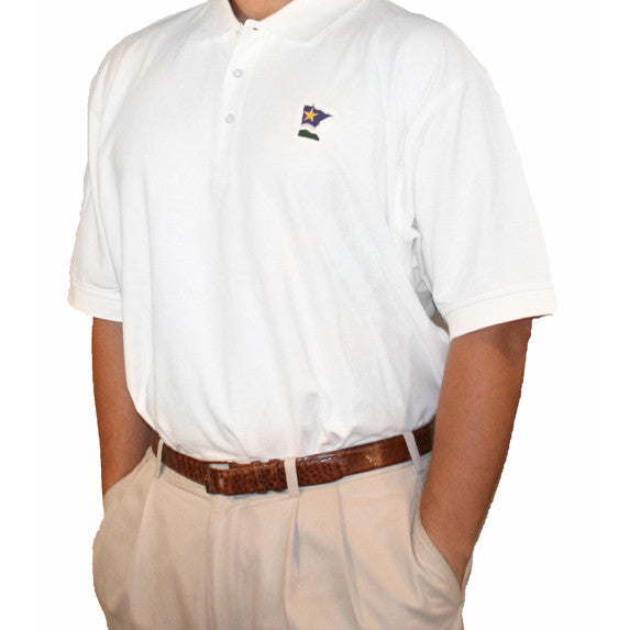 White Polo, MN Flag Polo, 3 button, Cotton/Spandex Blend, Star of the North, The North Star flag, designed by vexillologists Rev. William Becker and Mr. Lee Herold. The flag uses the green, white, and blue that traditionally represent Minnesota, while the star comes from Minnesota's nickname, "The Star of the North"