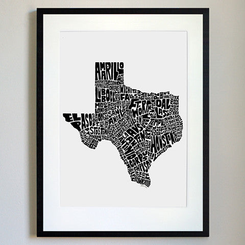 Texas Typography Map Black/White Print