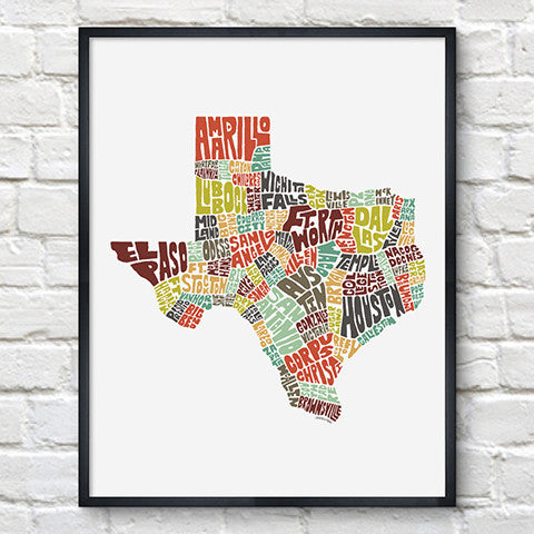 Texas Typography Map Color Print