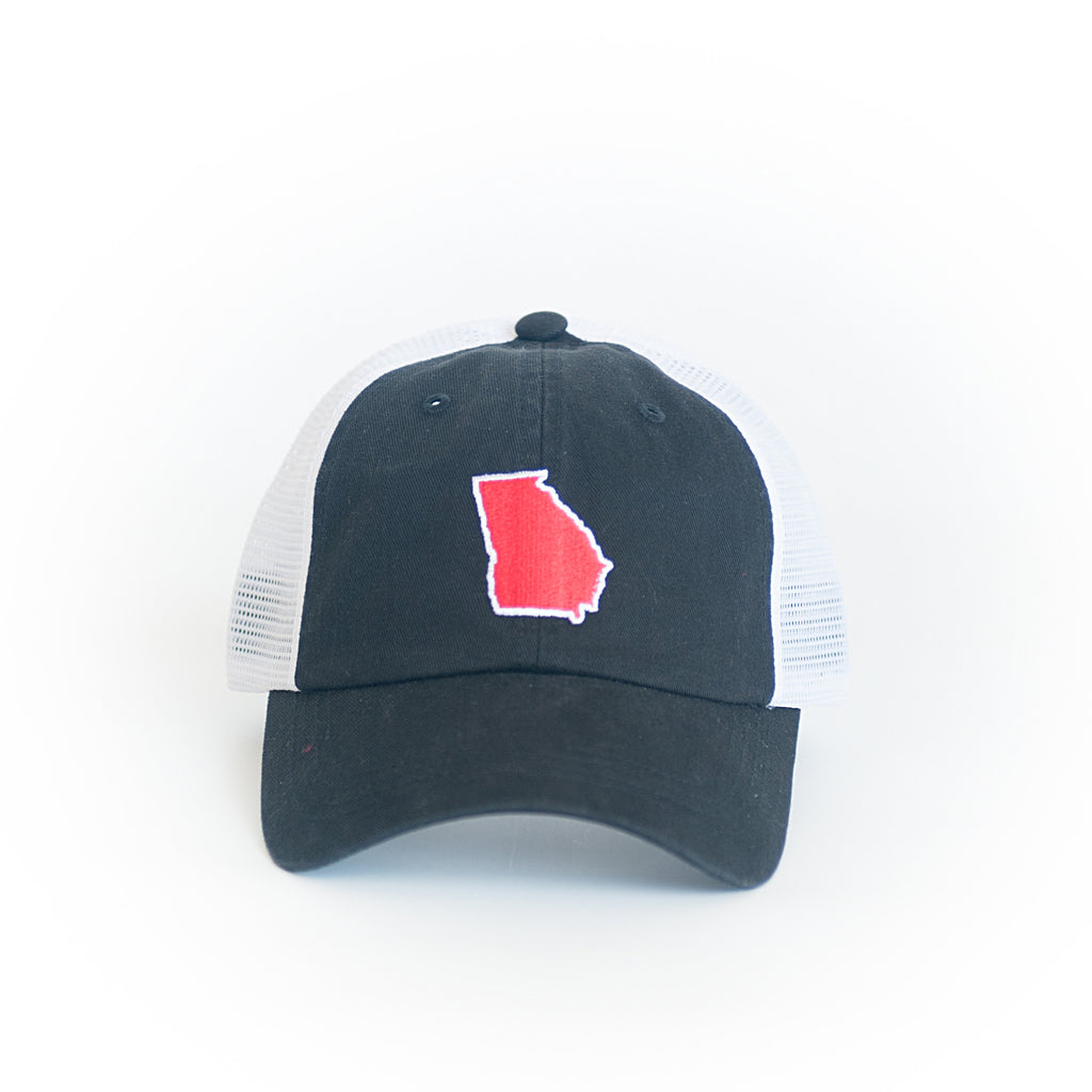 GEORGIA PATCH TRUCKER HAT Preppy Hat Peach State JR Criders State Traditions Black and Red Dawgs Athens Georgia