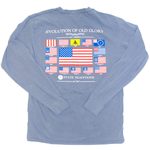 USA, America, Old Glory, Evolution of Old Glory, The Progression of Freedom,  navy tee, blue jean t-shirt. Long Sleeve Tee