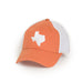 Orange and white trucker, Brushed Cotton Trucker hat, Quality Trucker, TX Hat, Texas Hats, Texas, Burnt Orange Trucker hat with White state of TX, Texas embroidery, Austin Texas, Trucker Cap, Texas Trucker Hat, Texas Cap.  texas outline hat