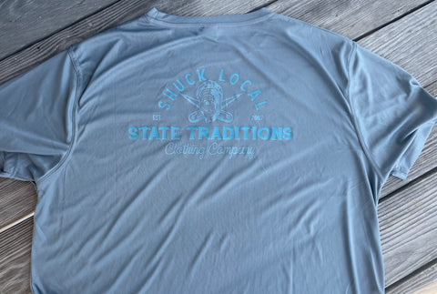 Shuck Local State Traditions Performance T-shirt, Grey Performance Tee, Oyster Tee, Shuck it t-shirt, State Traditions Oyster Tee, Performance T-shirt, State Pride, Spring Break Collection, Summer Beach T-shirt, Gulf Coast, 30-A Oyster Tee