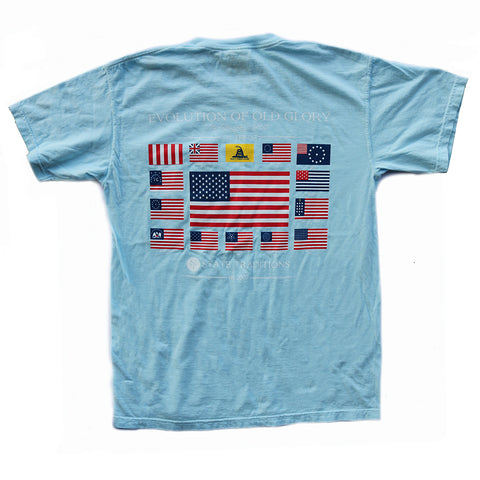USA, America, Old Glory, Evolution of Old Glory, The Progression of Freedom,  Light Blue T-Shirt, 