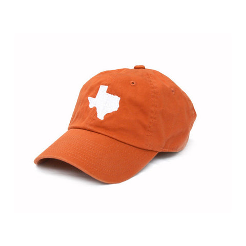 TX Hat, Texas Hats, Texas, Burnt Orange hat with white state of TX, Texas embroidery, Austin Texas, Dad Cap, Cotton Slouch Hat, Texas Cap.  texas outline hat