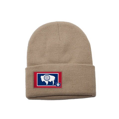 Khaki Beanie with Wyoming Flag Patch by State Traditions